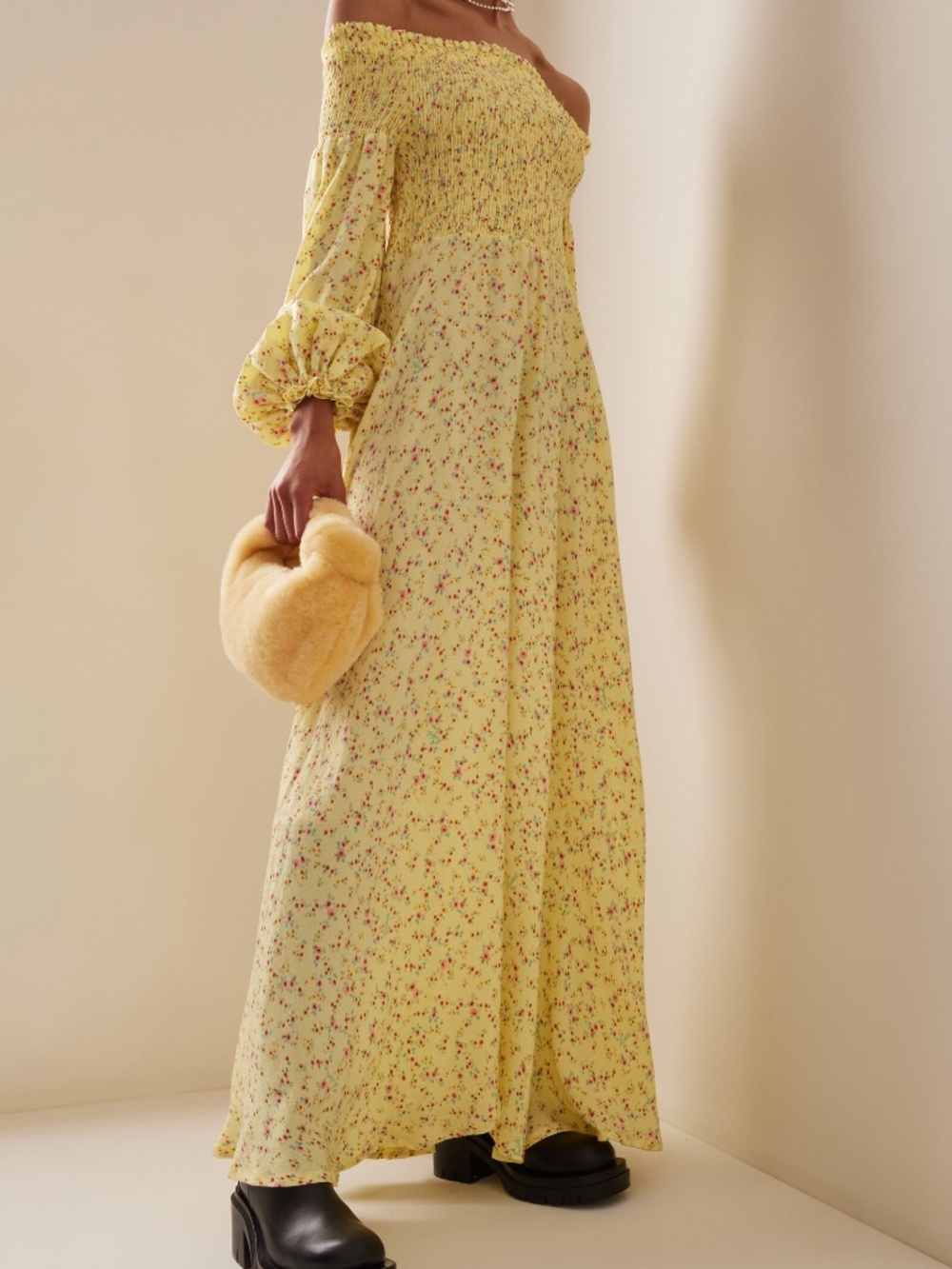 Rotate Birger Christensen Off-the-shoulder Jacquard Maxi Dress In Yellow (M)